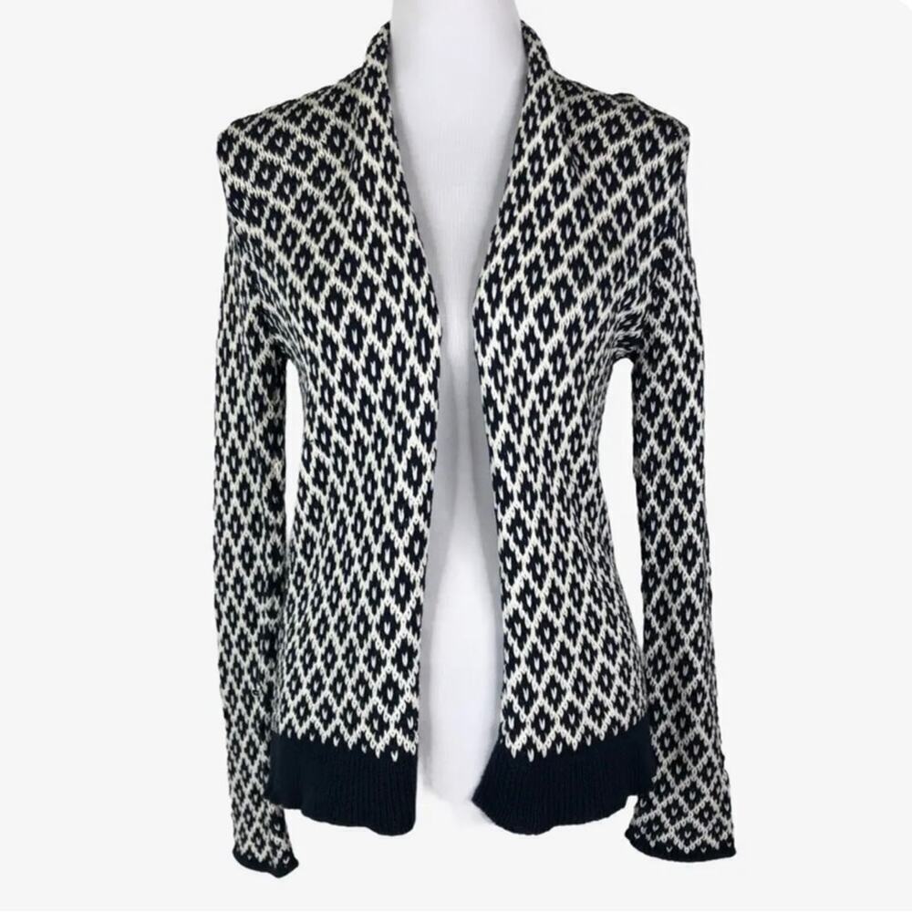 WOODEN‎ SHIPS Navy and White Diamond Open Front Knit Sweater Sz. XS